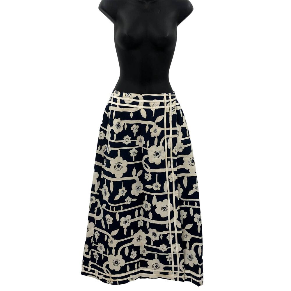 Century Vintage Navy Blue and White Floral Wrap Around Skirt